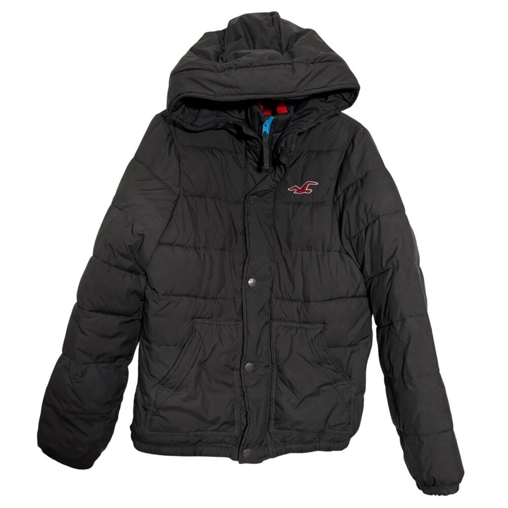 Hollister Black Hooded Full Zip Puffer Coat Mens Large Jacket w/ Pockets